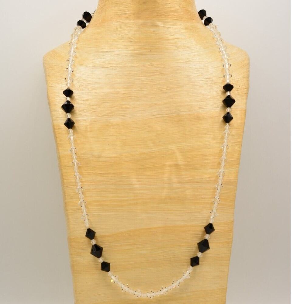Vintage Crystal Beaded Necklace Chunky Black White Clear Faceted Sparkling BinM